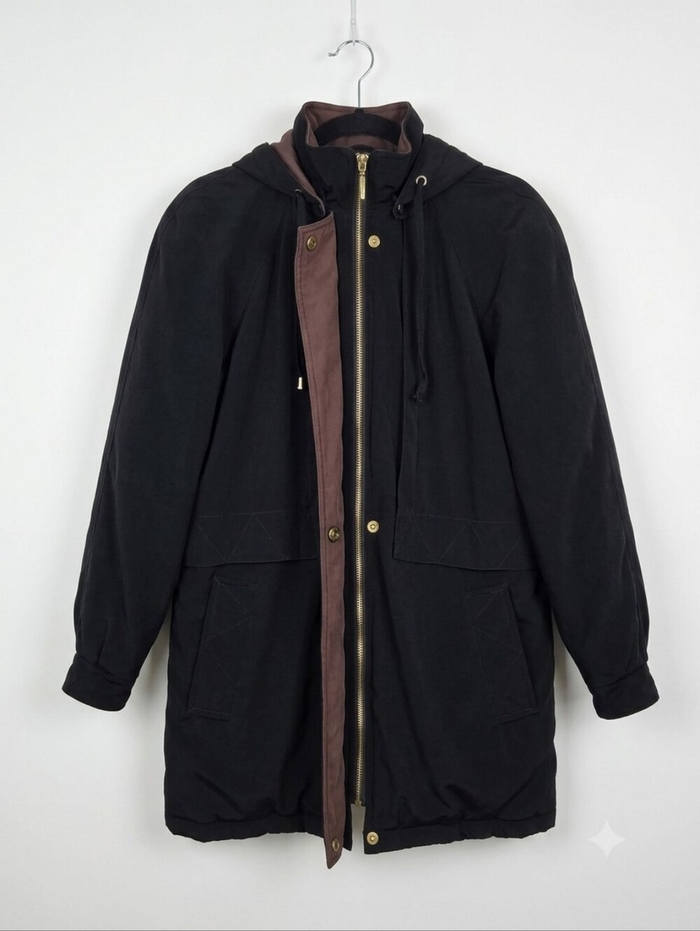 Black Hooded Parka Jacket with Brown Trim